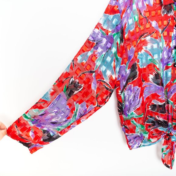 Vintage Red Sheer Floral Print Blouse - Picture 4 of 4